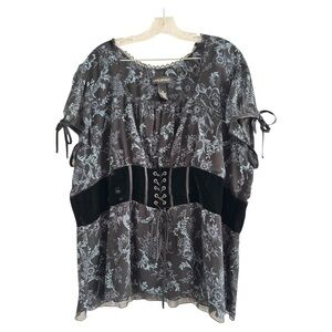 LANE BRYANT Black Blue Flower Lace Trim Velour CorsetTie BlouseShirt Top-PLUS 26